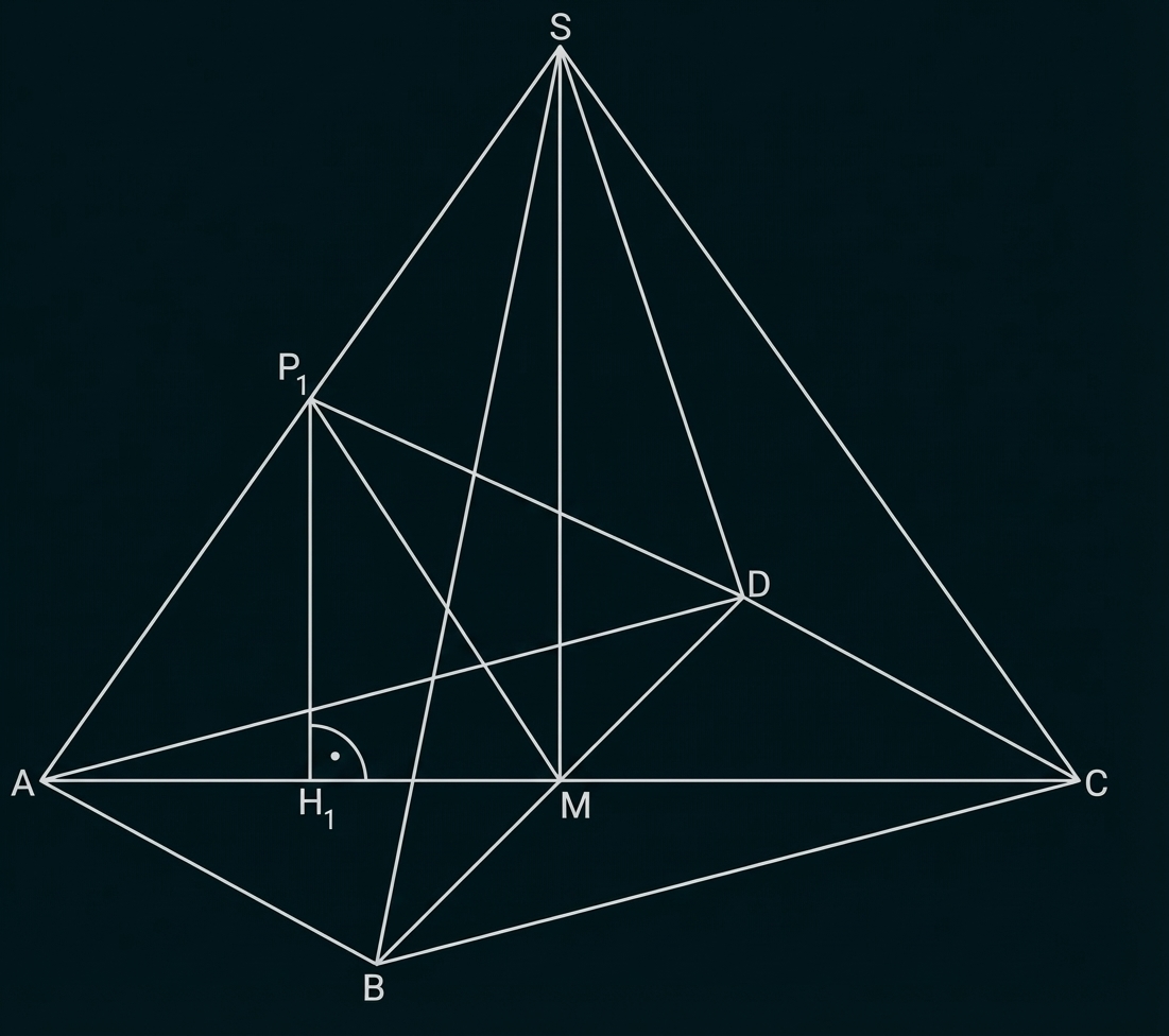 Dreieckspyramide-Skizze mit Basis A B C, Spitze S, Punkten P1 H1 M D sowie eingezeichneten Höhen und Diagonalen.